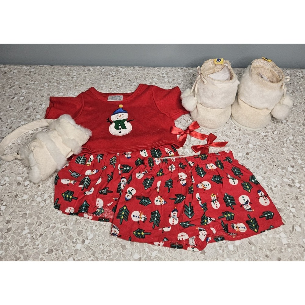 BABW Build Bear Fur Boots Purse White Faux Fur Winter Snowman Shirt Boxers Bows